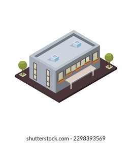 Composición isométrica de la arquitectura urbana con visión aislada de la construcción contemporánea sobre ilustración vectorial de fondo en blanco