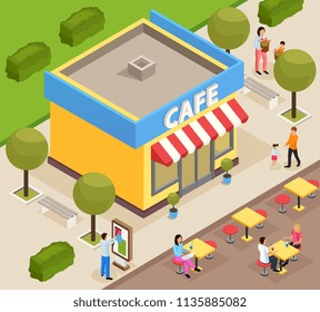 Urban architecture isometric composition with small cafe building exterior with outdoor terrace tables and customers vector illustration 