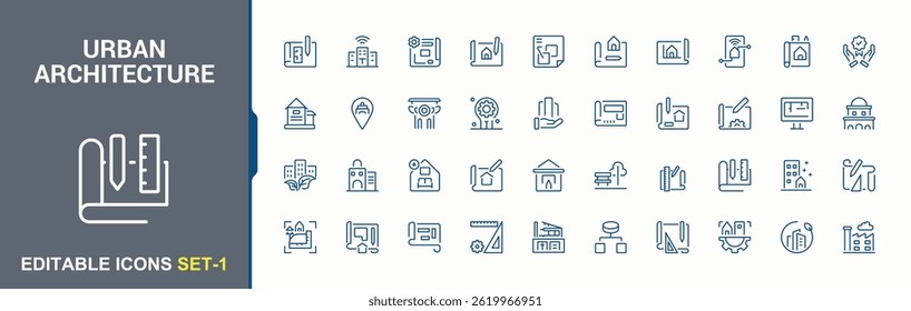 Urban Architecture linear icon collection. Related to drawing, plan, project, engineer, engineering, blueprint and more. Architectural icon set. Blueprint minimal icons collection. Editable stroke.