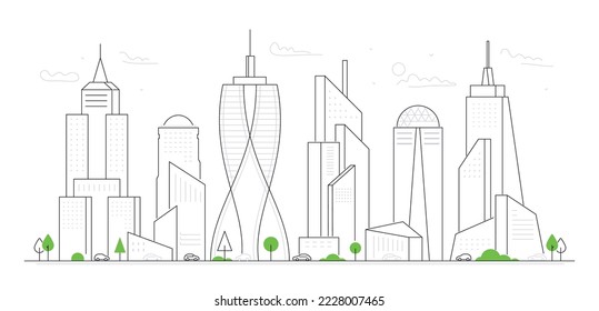 Urban architecture - modern thin line design style vector illustration on white background. Composition with facade of city buildings and green trees. Landmarks silhouette and metropolis structure