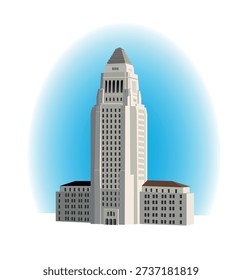 Urban architecture. Old skyscraper Los Angeles City Hall against a blue sky. Vector art illustration
