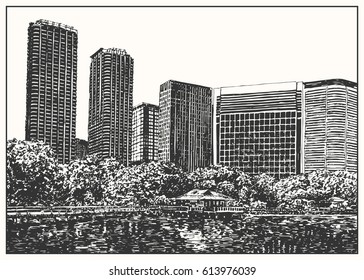 Urban architecture park view in Tokyo. Black and white dashed style sketch, line art, drawing with pen and ink.
