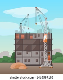 Urban architecture. Process of building  multistory building. Vector flat illustration. Industrial view.