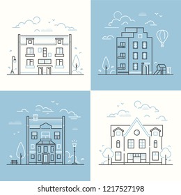 Urban architecture - set of thin line design style vector illustrations