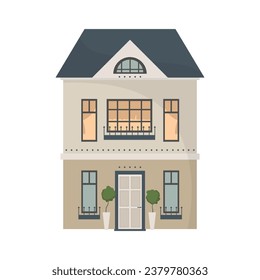 Urban architecture - a small European two-story house with trees and large windows. Flat illustration, vector illustration design template	