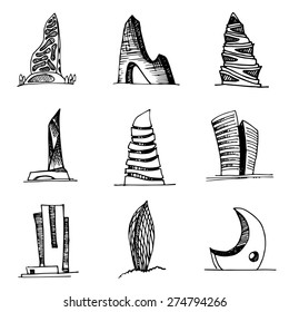 Urban architecture vector set. City skyscrapers hand drawn abstract collection.