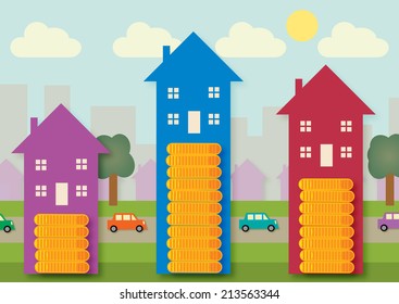 An urban area with arrow heads, symbolizing rising property, finance, tax or mortgage rates.