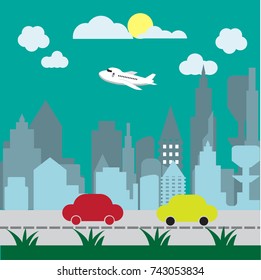Urban area during the night Roads and airplanes are flying through the city. vector illustrator.