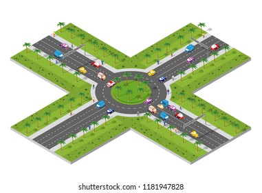 Urban area with an intersection city high-speed highway, streets, cars and trees. The landscape of urban infrastructure.