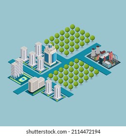 Urban area, isometric vector illustration of an area with high-rise buildings and houses, factories and streets, trees