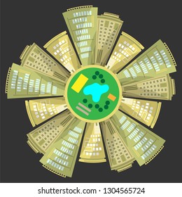 Urban area, located around the park with a lake and playgrounds. Panoramic view from above. Vector illustration