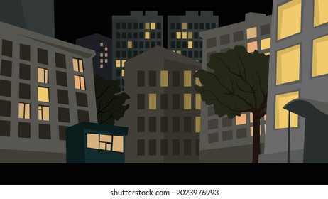 Urban area in the night. Light in windows. Vector image for prints, poster and illustrations.