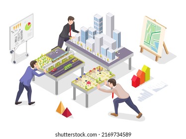 Urban area planning vector. Group of architect, engineer team working on megalopolis model with skyscrapers building illustration. Urban construction, city development and architecture