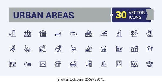 Urban Areas lined icons set. Contains related to drone, information, connection, land, windmill and more. Outline icon. Editable vector icon and illustration.