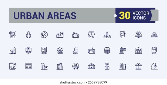 Urban Areas lined icons set. Contains related to drone, information, connection, land, windmill and more. Outline icon. Editable vector icon and illustration.