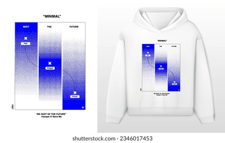 Urban art design, geometric, minimalist, and futuristic. white hoodie and template Pixelated gradient and texts evoking the past, present, and future. Ideal for urban graphics and creative projects