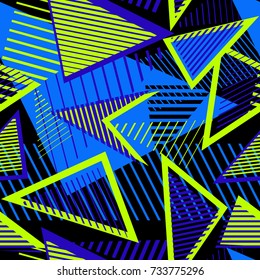 Urban art sport abstract vector seamless pattern with geometric elements, chaotic lines, triangles, stripes. Creative colorful repeat background for boys and girls, textile, apparel. Bright neon color