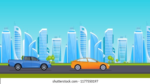 Urban asphalt road with road transport, on background of surrounding landscapes, lawns, high-rise buildings of city skyscrapers. Trip, travel, on cars sedan and jeep. Vector illustration.