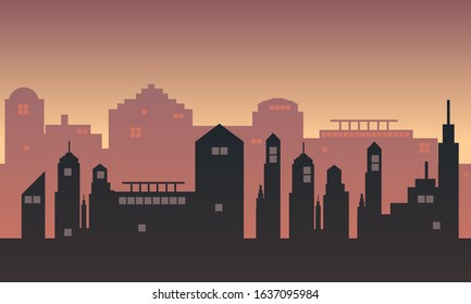 Urban atmosphere at dusk with many tall buildings