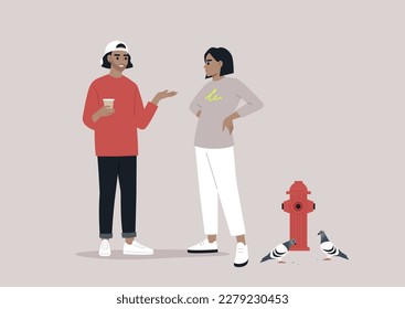In an urban atmosphere, two young hipsters encountered each other on the street, engaging in conversation while one sipped on a to-go coffee near a fire hydrant and a flock of pigeons