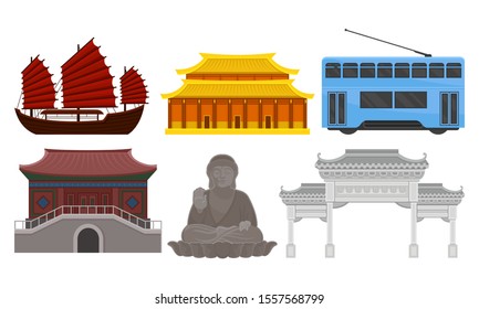 Urban Attributes Of Modern China And Symbols Of Ancient Cultural Heritage Vector Illustration Set Isolated On White Background