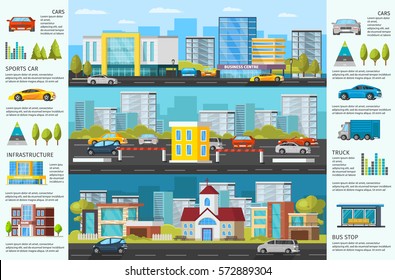 Urban auto traffic brochure with colorful cars on road parking modern buildings and trees vector illustration