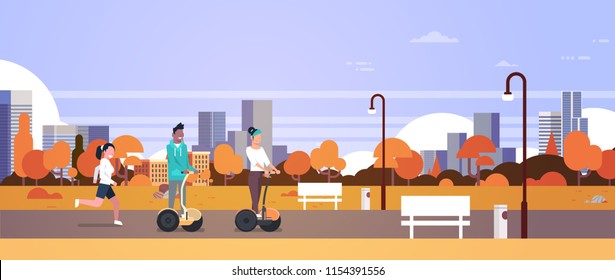 urban autumn park outdoors activities man woman riding gyroscooter running nature city buildings street lamps cityscape horizontal banner flat vector illustration