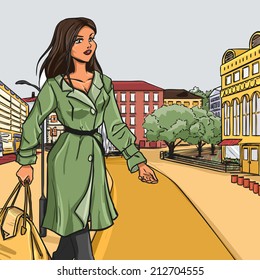 Urban autumn series - Street panorama and city panorama. Elegant fashion beautiful lady with long hair. Girl is dressed in autumn clothes - jeans, raincoat, gloves. Color vector background.