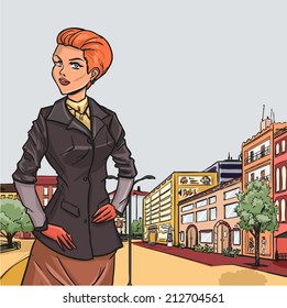 Urban autumn series - Street panorama and Urban city view. Elegant fashion beautiful lady with short red hair. Girl is dressed in autumn clothes. Color vector background.