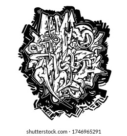 Urban background with abstract graffiti arrows. Monochrome wild-style graffitti piece