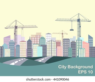 Urban background. City silhouette with buildings and cranes. Road and city on the horizon