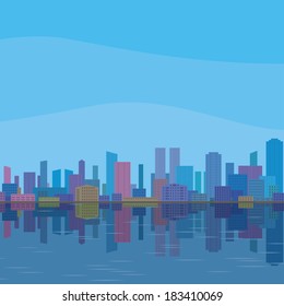 Urban background, cityscape with cartoon skyscrapers under blue sky reflecting in blue sea. Vector
