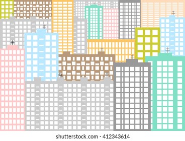 Urban background with colored panel houses and apartments with balconies and windows with antennas on the roof