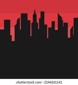 urban background in the evening with red sky and buildings in silhouette style