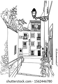 Urban background in hand drawn sketch style. Old street in romantic Alfama, Lisbon, Portugal. Ink line drawing. Vector illustration on white