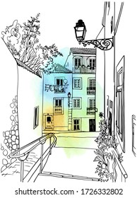 Fondo urbano en estilo de dibujo a mano. Calle antigua en la romántica Alfama, Lisboa, Portugal. Dibujo de línea de tinta. Ilustración del vector sobre el fondo de la acuarela del blob