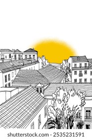 Urban background in hand drawn sketch style. Lisbon Roofs and windows. Old street in romantic Lisbon, Portugal. Ink line drawing. Black and white Vector illustration on white background