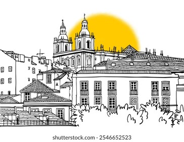 Fundo urbano em estilo de esboço desenhado à mão. Telhados e janelas de Lisboa. Rua velha em Lisboa romântica, Portugal. Desenho de linha de tinta. Ilustração Vetor em preto e branco sobre fundo branco