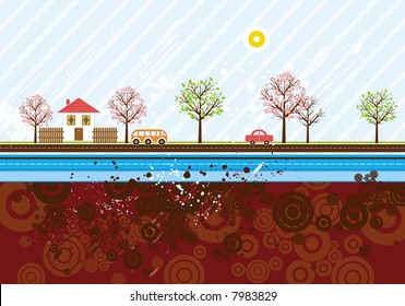 Urban background with many automobiles,trees, automobile, vector illustration