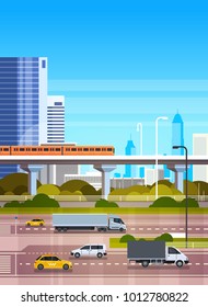 Urban Background Modern Cityscape With Highway Road And Subway Over Skyscrapers View Flat Vector Illustration