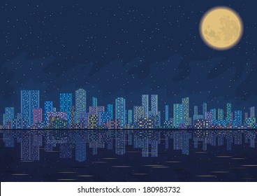 Urban background, night cityscape with skyscrapers, starry sky reflecting in blue sea and big bright moon. Vector