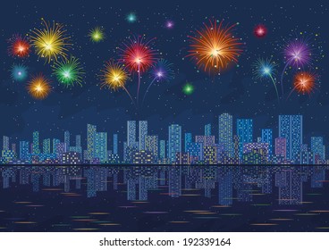 Urban background, night cityscape with skyscrapers and bright holiday fireworks in the starry sky reflecting in blue sea. Vector