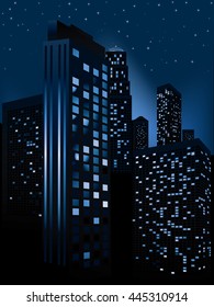 Urban background, skyscrapers in the night city illustration.