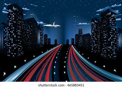 Urban background, skyscrapers and two roads in the night city.