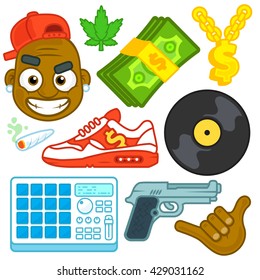Urban Bad Boy Dj Gangsta Ghetto Hip Hop Rapper Beat Maker With Money And Drugs Icon Set Vector Illustration On White
