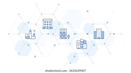 Urban Banner Vector Illustration with Icon Style in Between. Line Duotone icon. Containing. architecture and city, buildings, office block, skyscraper, office building.