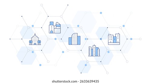 Urban Banner Vector Illustration with Icon Style in Between. Line Duotone icon. Containing. office, buildings, skyscraper, city.