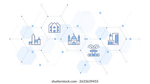 Urban Banner Vector Illustration with Icon Style in Between. Line Duotone icon. Containing. city, house, mosque, fountain, building.