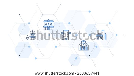 Urban Banner Vector Illustration with Icon Style in Between. Line Duotone icon. Containing. fountain, duplex, architectonic, penthouse, city.