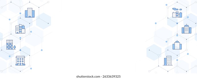 Urban Banner Vector Illustration with Two-sided Icon Style. Line Duotone icon. Containing. office building, skyscraper, office block, buildings, building, smog.
